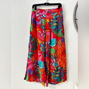 Vibrant Tropical Print Wide-Leg Cropped Linen Pants